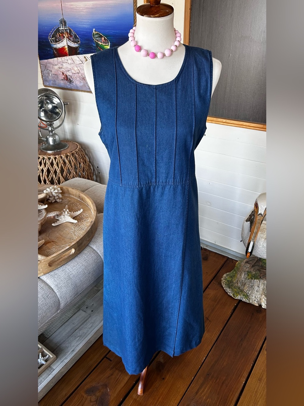 Vintage Talbots Petites Denim Dress Size 10 Blue Cotton Sleeveless 90s Midi